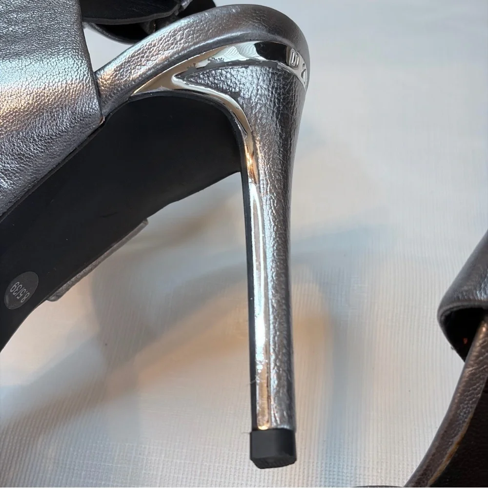 DKNY Shiny Silver Heels with Statement Buckle